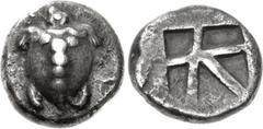 Greek ISLANDS off ATTICA, Aegina. Circa 480-457 BC. AR Drachm (14mm, 5.53 g, 8h). Sea turtle, head in profile, shell with line of pellets down center / Large square incuse with skew pattern. Milbank P