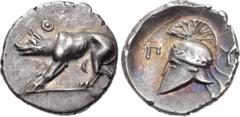 Greek ARGOLIS, Argos. Circa 270-260/50 BC. AR Trihemiobol (12mm, 1.17 g, 9h). Wolf at bay left; Θ above / Crested Corinthian helmet left; Π-Y flanking. BCD Peloponnesos 1114 (this coin). Choice EF, ir