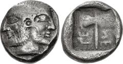 Greek ISLANDS off TROAS, Tenedos. Early-mid 5th century BC. AR Didrachm (18mm, 7.62 g, 11h). Janiform head of a male, left, and female, right / Labrys in dotted square border within incuse square. SNG
