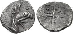 Greek IONIA, Teos (or Phokaia). Circa 500-475 BC. AR Tetartemorion (7mm, 0.23 g). Head of griffin right / Quadripartite incuse square. Matzke 93 (Teos); Balcer group XXXIII (Teos); SNG von Aulock 7938