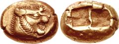 Greek KINGS of LYDIA. temp. Alyattes – Kroisos. Circa 610-546 BC. EL Trite – Third Stater (13mm, 4.69 g). Sardes mint. Head of roaring lion right, sun with multiple rays on forehead / Two incuse squar