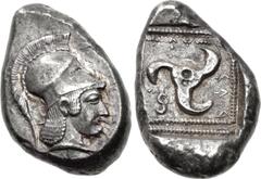 Greek DYNASTS of LYCIA. Vekhssere I. Circa 450-430/20 BC. AR Stater (15mm, 8.53 g, 2h). Head of Athena right, wearing crested Corinthian helmet / Triskeles; name in Lycian around, diskeles to lower le