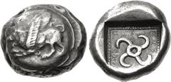 Greek DYNASTS of LYCIA. Teththiweibi. Circa 450-430/20 BC. AR Stater (17mm, 8.34 g, 2h). Winged lion at bay left on round shield-like field / Tetraskeles within square incuse. Falghera 137 var. (obv. 