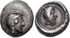 Greek DYNASTS of LYCIA. Kherei(?). Circa 410-390 BC. AR Obol (8mm, 0.70 g, 5h). Uncertain mint. Helmeted head of Athena right / Head of Kherei right, wearing Persian tiara, within incuse circle. Cf. M