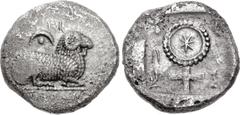 Greek CYPRUS, Salamis. Uncertain kings. Circa 445-411 BC. AR Stater (23mm, 10.87 g, 5h). Ram recumbent right; pellet-in-crescent above, "Euelthon" in Cypriot around / Large ornate ankh enclosing Cypri