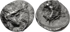 Greek SAMARIA. Circa 375-333 BC. AR Tetartemorion (6mm, 0.17 g, 12h). Head of female right / Bearded(?) head right within incuse circle. Cf. Meshorer & Qedar 186 (obol); HGC 10, –. Near VF, toned, str