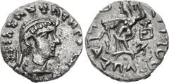 Central Asian INDO-SKYTHIANS, Northern Satraps. Bhadrayasha. After 35 BC. AR Drachm (17mm, 2.10 g, 1h). Diademed and draped bust right / Athena Alkidemos standing left; "mu" in Kharosthi to left; to r