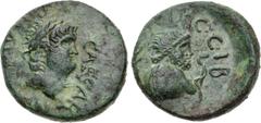 Roman Provincial EPIRUS, Buthrotum. Nero. AD 54-68. Æ (20mm, 5.35 g, 6h). Laureate head of Nero right / Draped bust of Asclepius, seen from slightly behind, holding serpent-entwined staff. RPC 1411.5 
