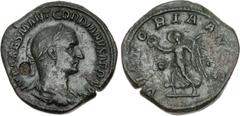Roman Imperial Gordian I. AD 238. Æ Sestertius (31mm, 17.80 g, 12h). Rome mint. IMP CAES M ANT GORDIANVS AFR AVG, laureate, draped and cuirassed bust right; c/m: crowned C / VICTORIA AVGG, Victory adv