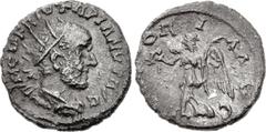 Roman Imperial Jotapian. Usurper, circa AD 248-249. AR Antoninianus (20mm, 4.21 g, 6h). Nicopolis in Seleucia mint. IM C M F R IOTAPIANVS AVG, radiate, draped, and cuirassed bust right / [VICT]OR I A 