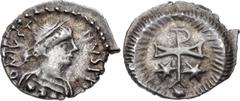 Byzantine Justin II. 565-578. AR Third Siliqua (12mm, 0.68 g, 7h). Light issue. Ravenna mint. Struck circa 567-578. Pearl-diademed and cuirassed bust right / Staurogram flanked by two stars; all withi