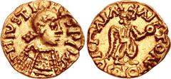 Early Medieval & Islamic MEROVINGIANS, Uncertain. Circa 534-560. AV Tremissis (14mm, 1.44 g, 6h). Imitating a Lyon mint Burgundian tremissis struck in the name of Justin I. DИ IVSTIΛИVS PP (AVC), pear