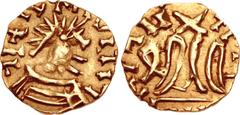 Early Medieval & Islamic MEROVINGIANS, Uncertain. Circa 561-613. AV Tremissis (14mm, 1.36 g, 6h). Imitating a tremissis struck in the name of Justin II. -II-II(inverted T)ΓIIVITI(retrograde Γ), diadem