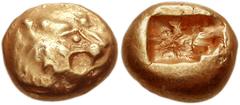 KINGS of LYDIA, Time of Alyattes II to Kroisos. Early 6th Century BC. EL Third Stater - Trite (12mm, 4.70 g). Head of roaring lion right, sun with four rays on forehead / Double incuse punch . Weidaue