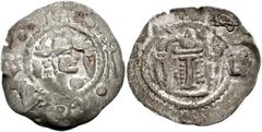 HEPHTHALITES. Baktria or Sogdiana Region. Circa 680-720 AD. AR Drachm (27mm, 2.83 g). Imitating Sasanian king Peroz. Crowned bust right resembling Peroz; Baktrian legend and two tribal symbols in marg
