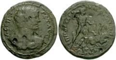 LYDIA, Saitta. Geta, as Caesar. 198-209 AD. Æ 40mm (31.05 g). Laureate and cuirassed bust right / EΠI COC CAΡ-IKΛEOΥC APXON A, CAITTH/ΩN, Herakles slaying Geryon. Voegtli pg. 37, 6b (this coin) BMC -;