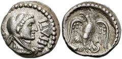 CELTIC BRITAIN, Catuvellauni & Trinovantes. Epaticcus. 35-43 AD. AR Unit (14mm, 1.17 g). Head of Hercules right, wearing lion skin headdress; pellet in ring behind / Eagle standing facing, head left, 