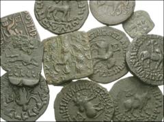 [Central Asian] GREEK KINGS of BAKTRIA and INDO-SCYTHIANS. Lot of fourteen coins. Lot includes: Greek Kings of Baktria. Antimachos I. Circa 174-165 BC. Æ Double Unit. Elephant / Nike.Bopearachchi Séri