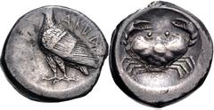 Greek SICILY, Akragas. Circa 495-480/78 BC. AR Didrachm (21mm, 8.29 g, 10h). Sea eagle standing left / Crab within shallow incuse circle. Jenkins, Gela, Group III, pl. 37, 10–4 var. (symbol on rev.); 