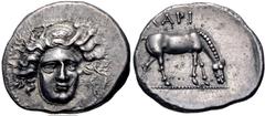 Greek THESSALY, Larissa. Circa 400-370 BC. AR Drachm (20mm, 6.05 g, 12h). Head of the nymph Larissa facing slightly right / ΛΑΡΙ, horse grazing right. L-S Group 4, Head Type 23, dies O106/R4, c = CH V