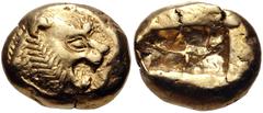 Greek KINGS of LYDIA. temp. Alyattes – Kroisos. Circa 620/10-550/39 BC. EL Trite – Third Stater (1mm, 4.73 g). Sardes mint. Head of roaring lion right, "sun" with multiple rays on forehead / Two squar