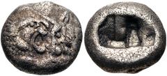 Greek KINGS of LYDIA. temp. Cyrus – Darios I. Circa 550/39-520 BC. AR Half Stater – Siglos (14mm, 5.22 g). Kroiseid type. Sardes mint. Confronted foreparts of lion right and bull left / Two incuse squ
