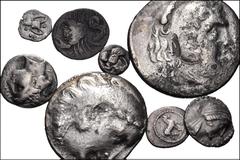 Large Lots GREEK. Miscellaneous. Lot of eight (8) AR issues. Includes: CALABRIA, Tarentum. Circa 280-228 BC. AR Obol. HN Italy 1076 // BRUTTIUM, Terina. Circa 300 BC. AR Third Nomos. HN Italy 2641 // 