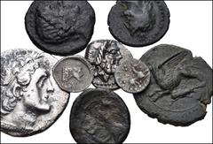 Large Lots GREEK. Miscellaneous. Lot of eight (8) AR and Æ issues. Includes: SICILY, Alontion. Circa 210-180 BC. Æ Trias(?). HGC 2, 214 corr. (crab not always in exergue) // Gela. Circa 465-450 BC. AR