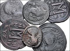 Large Lots BYZANTINE. Early Empire. Lot of six (6) Æ denominations. All coins: Cyzicus mint issues of Justin I and Justinian I. Majority are folles of Justinian I with one follis and half follis each 