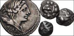 Large Lots MIXED. Greek–Roman Republican. Lot of four (4) silver coins. Includes: GREEK: Macedon, Mende. Tritartemorion(?). SNG ANS 316 // Pisidia, Selge. Obol. SNG BN 1934 // Asia Minor, uncertain mi