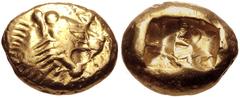 Greek KINGS of LYDIA. temp. Ardys – Alyattes. Circa 630s-564/53 BC. EL Trite – Third Stater (13mm, 4.67 g). Sardes mint. Head of roaring lion right, "sun" with four rays on forehead / Two incuse squar