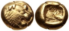 Greek KINGS of LYDIA. temp. Alyattes – Kroisos. Circa 620/10-550/39 BC. EL Hemihekte – Twelfth Stater (7mm, 1.17 g). Sardes mint. Head of roaring lion right, "sun" with no rays on forehead / Square pu