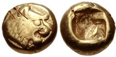 Greek KINGS of LYDIA. temp. Alyattes – Kroisos. Circa 620/10-550/39 BC. EL Hemihekte – Twelfth Stater (7mm, 1.17 g). Sardes mint. Head of roaring lion right, "sun" with no rays on forehead / Square pu