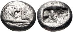 Greek KINGS of LYDIA. Kroisos. Circa 564/53-550/39 BC. AR Hemistater (14.5mm, 5.03 g). Sardes mint. Confronted foreparts of lion and bull / Two square punches of unequal size. Berk 23; SNG Ashmolean 7