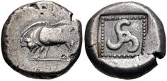 Greek DYNASTS of LYCIA. Uncertain dynast. Circa 500-470/60 BC. AR Stater (18mm, 8.76 g). Boar standing left / Triskeles within pelleted border within incuse square. Müseler II, 37 var. (direction of t