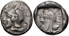Greek DYNASTS of LYCIA. Kherei. Circa 410-390 BC. AR Stater (18mm, 8.39 g, 1h). Helmeted head of Athena left, helmet adorned with Lycian symbol or monogram / Head of dynast left, wearing Persian headd