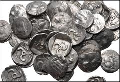 Large Lots GREEK. Asia Minor. Lot of fifty (50) Mithrapata AR Diobols. All coins: DYNASTS of LYCIA, Mithrapata. Circa 390-370 BC. AR Diobol. Facing lion's scalp / Triskeles within incuse square; vario