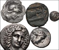Large Lots GREEK. Miscellaneous. Lot of eight (8) coins. Various mints and denominations (7 silver and 1 bronze). Thessaly, Pharsalos // Aiolis, Elaia // Islands off Ionia, Samos // Pamphylia, Perge (