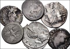 Large Lots ROMAN. Republican-Imperial. Lot of six (6) AR denominations. Includes: One denarius each of Ti. Veturius, T. Carisius, LEG V of Mark Antony, Nero, and Domitian. Lot includes a silver antoni