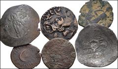 Large Lots MIXED. Central Asian–Islamic. Lot of fourteen (14) AR, BI, and Æ denominations. Includes: Central Asia: one Æ issue each of Abdagases, Huvishka, and Nezak Huns and one AR drachm of Husrav (