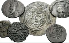 MIXED LOT. Lot of four AR of Parthia, one AR of the Sasanian kings, and one Æ of the Ottoman Empire.Parthia: Gotarzes I. AR Drachm. Sellwood 33.4 // Phraates IV. AR Drachm. Sellwood 52.10 var. (wart) 