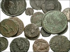 [Roman Imperial] MIXED LOT. Lot of sixteen late Roman Æ and one AR Siliqua. Julian II, as Caesar. 335-360 AD. Æ 16mm. Lugdunum (Lyon) // Julian II. 360-363 AD. Æ 18mm. Constantinople // Same. Æ 27mm. 