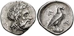 ELIS, Olympia. Circa 352-348 BC. AR Hemidrachm (16mm, 2.76 g). Laureate head of Zeus right / Eagle standing right on capital. BCD 139 (this coin); BMC Peloponnesus pg. 67, 83 (same obverse die); SNG C