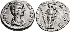 Didia Clara, daughter of Didius Julianus. Augusta, 193 AD. AR Denarius (17mm, 3.10 g). Struck April-June 193 AD. Draped bust right / Hilaritas standing left, holding palm and cornucopiae. RIC IV 10 (D
