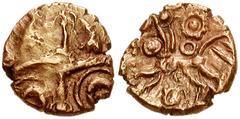 CELTIC BRITAIN, Dobunni. Uninscribed. Circa 35-30 BC. AV Quarter Stater (10mm, 0.84 g). Dubonnic Abstract Type. Crude cross, within which X and ring motifs / Celticized horse right; two sunbursts abov