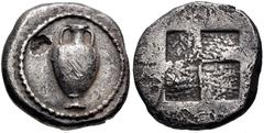 Greek MACEDON, Terone. Circa 490-480 BC. AR Didrachm (19.5mm, 8.37 g). Amphora / Quadripartite incuse square. Hardwick Group II, p. 123, n. 53 corr. (not a forgery) = Giessener Münzhandlung 46, lot 94