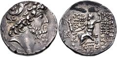Greek SELEUKID EMPIRE. Demetrios II Nikator. Second reign, 129-125 BC. AR Tetradrachm (28mm, 16.46 g, 1h). Damaskos mint. Dated SE 185 (128/7 BC). Diademed head right / Zeus Nikephoros seated left; mo