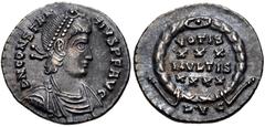Roman Imperial Constantius II. AD 337-361. AR Siliqua (17mm, 2.11 g, 6h). Lugdunum (Lyon) mint. Struck AD 360-361. Pearl-diademed, draped, and cuirassed bust right / VOTIS/ XXX/ MVLTIS/ XXXX in four l