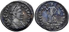 Roman Imperial Julian II. AD 360-363. AR Siliqua (18mm, 1.91 g, 6h). Lugdunum (Lyon) mint. Struck AD 360-361. Pearl-diademed, draped, and cuirassed bust right / Victory advancing left, holding wreath 