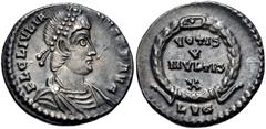Roman Imperial Julian II. AD 360-363. AR Siliqua (17mm, 2.37 g, 7h). Lugdunum (Lyon) mint. Struck AD 360-361. Pearl-diademed, draped, and cuirassed bust right / VOTIS/ V/ MVLTIS/ X in four lines withi